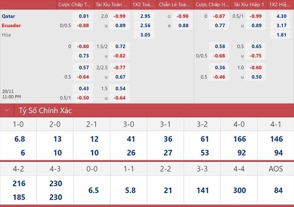 Kèo tỷ số Qatar vs Ecuador hôm nay 20/11: Xem trực tiếp kết quả bóng đá